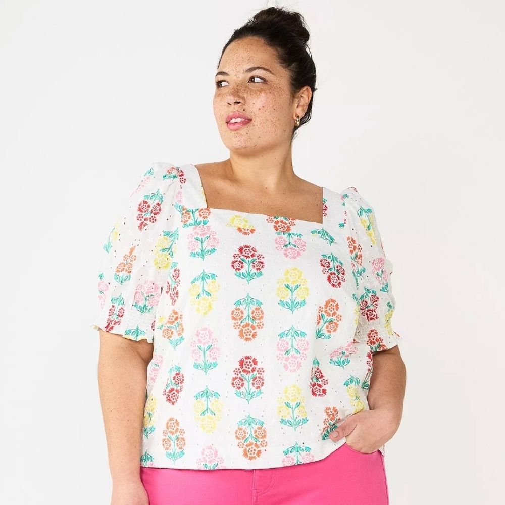 Draper James Eyelet Puff Shoulder Top Floral Square Neckline Cotton White XXL